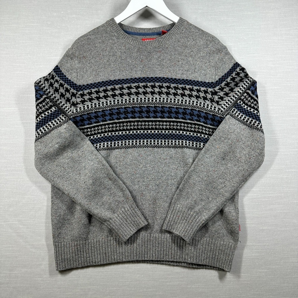 Izod Sweater Mens Large Gray Striped Houndstooth Checkered Business Classic